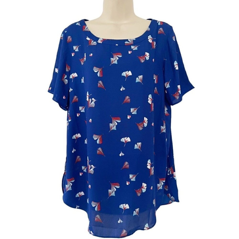 Banana Republic Factory Woman's Sz M Blue  Red & Blue Leaf Print Popover Blouse